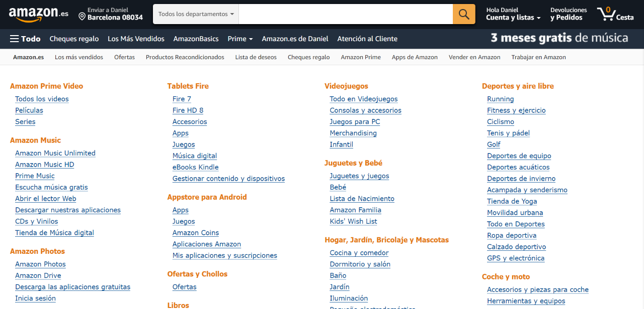 Amazon - Vista de todas las categorías